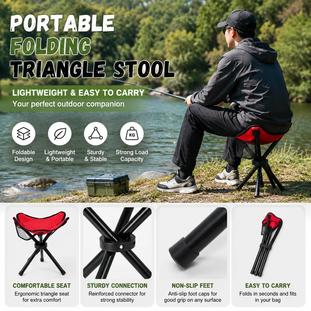 1PC Portable Fishing Chair Folding Triangle Stool Outdoor Camping Seat Lightweight Travel Fishing Supplies Accessories