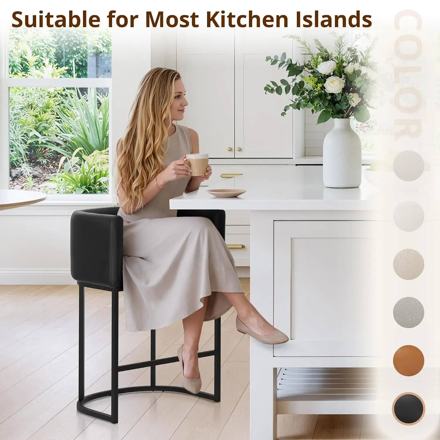 Modern Barrel Counter Stools 4-Pack with Backrest & Arms, Black Metal Frame, Faux Leather, Kitchen Island, Customized