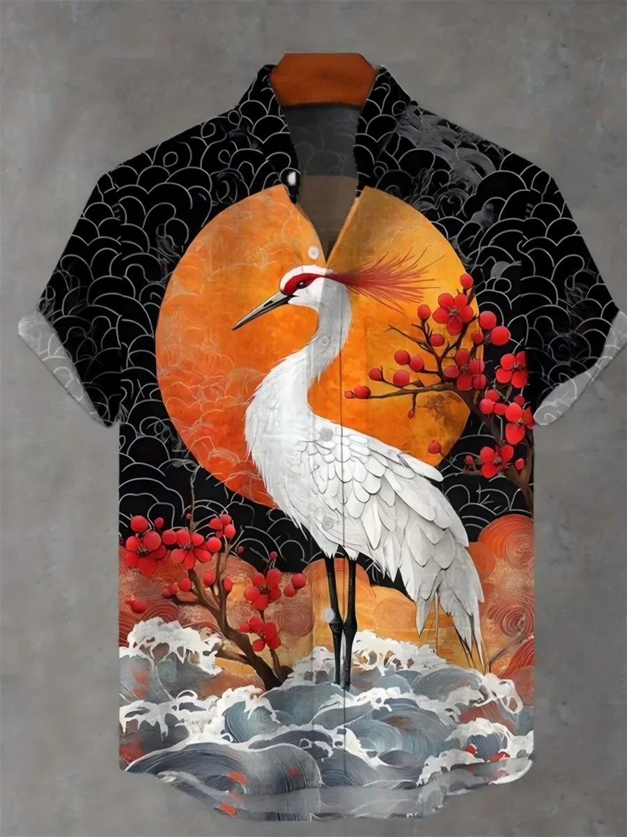 

Flying crane pattern, men's linen short sleeved shirt, fashionable trend, loose top, outdoor street, casual and comfortable