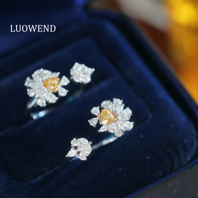 

LUOWEND 100% 18K White Gold Rings Women Real Natural Yellow Diamond Open Ring Romantic Sunflower Shape Luxury Party Jewelry