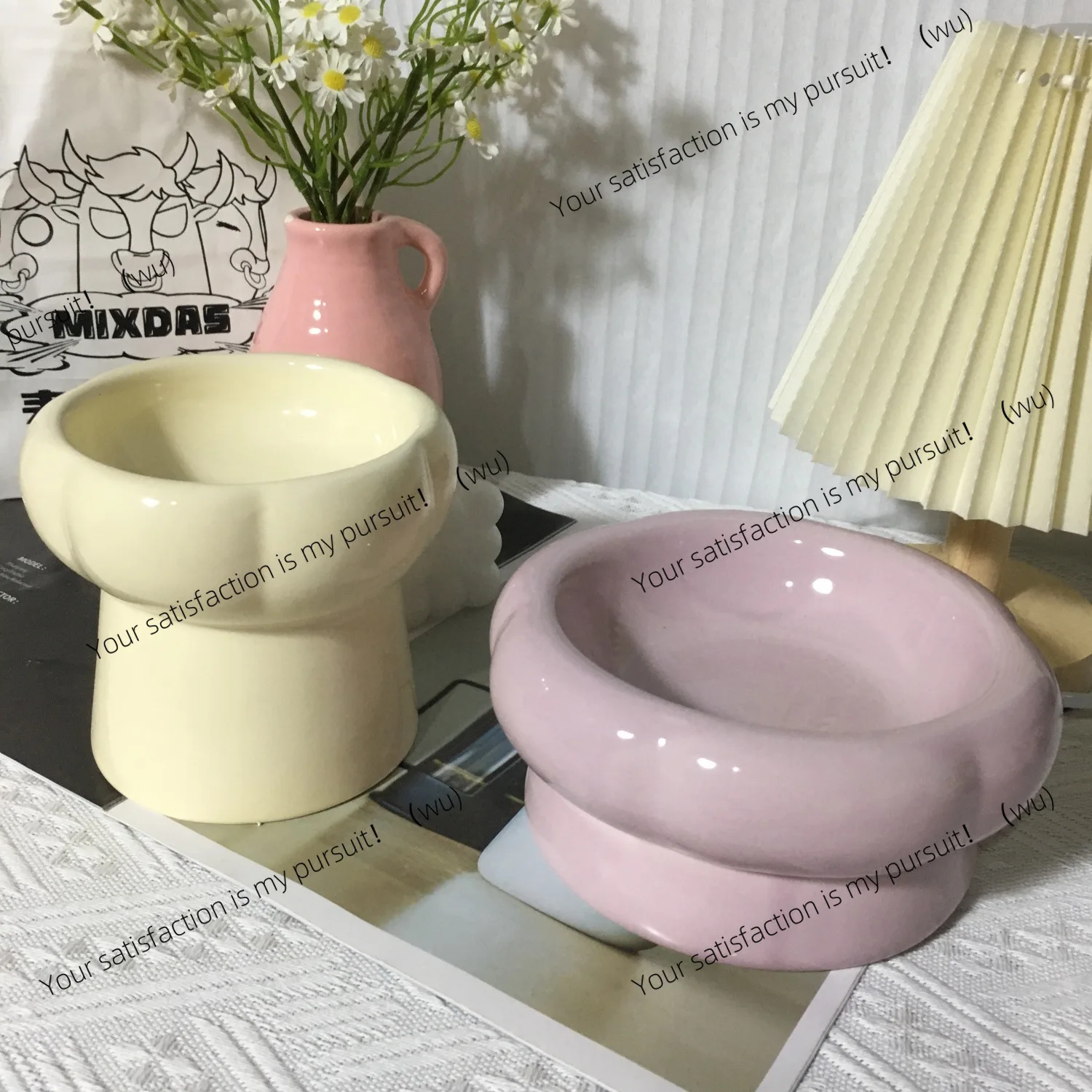 Tall ceramic pet food bowl cervical spine dog cat anti-black protection chin pet cat knock over caliber