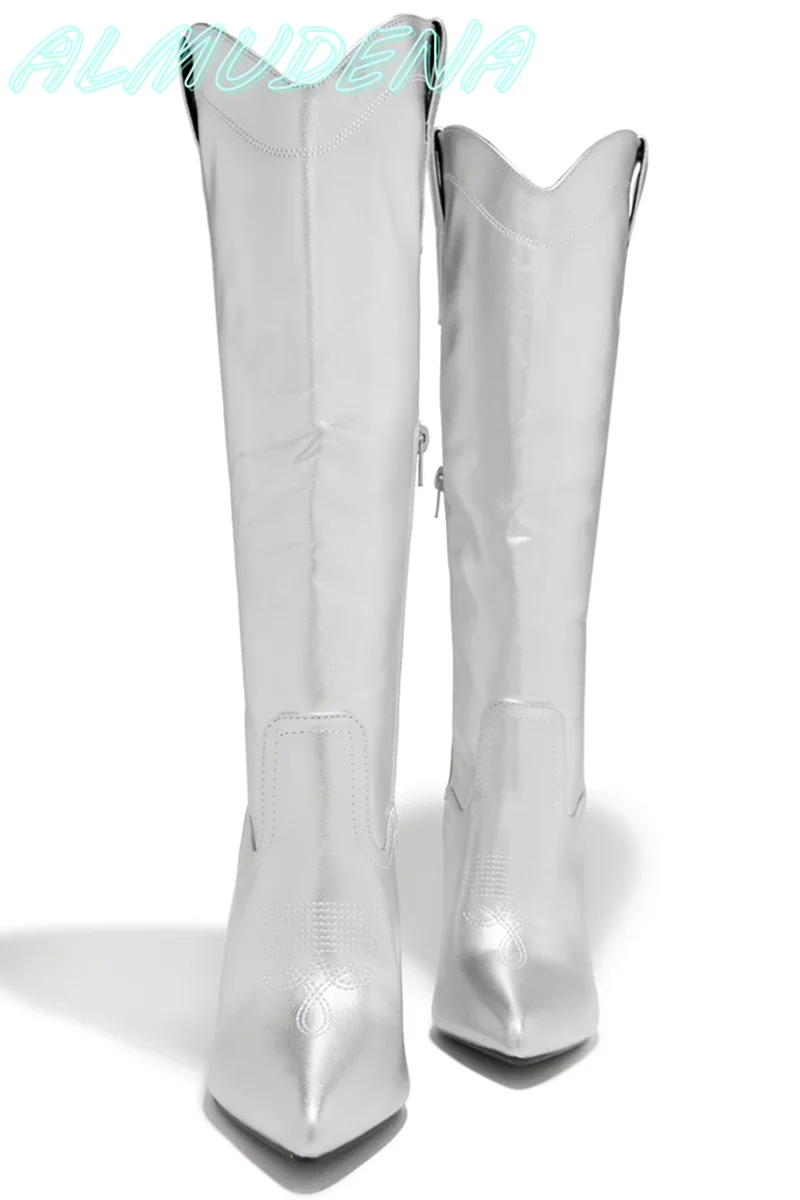 Silver-Tone High Heel Boots Knee-high Boots Thin High Heels Pointed Toe Side Zipper Solid Sexy Luxury 2025 New Arrivals Shoes