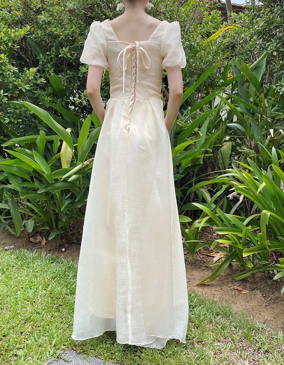 OEING Square Collar Korea Garden Evening Dresses Short Sleeves Formal 프롬드레스 Floor Length Elegant Prom Growns Party Women Bride