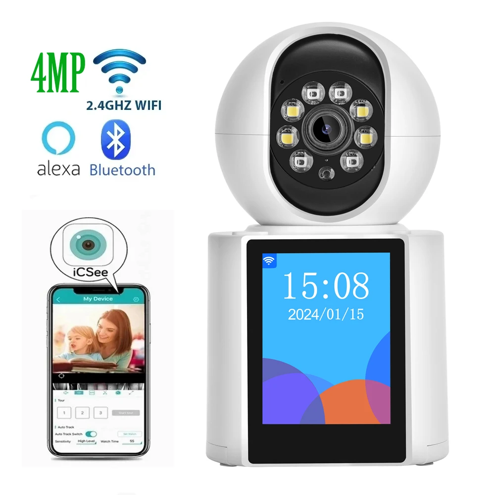 ICSEE 2K 4MP Video Calling Smart Camera 2.4 Inch Screen AI Detect Two Way Audio Color Night Vision 2MP Indoor Baby Monitor