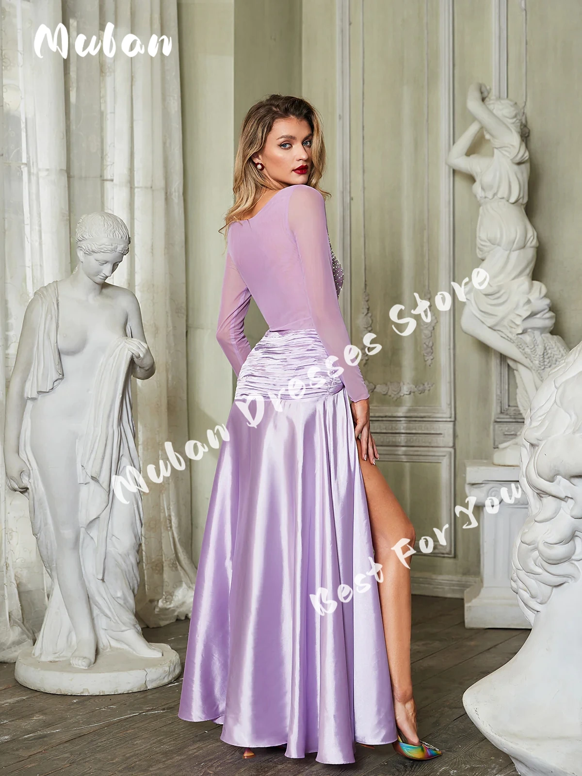 Vestidos de Noche lilas de manga larga con cuentas, hasta el suelo plisados, Sexy, personalizable, Formal, para fiesta de graduación, 2024