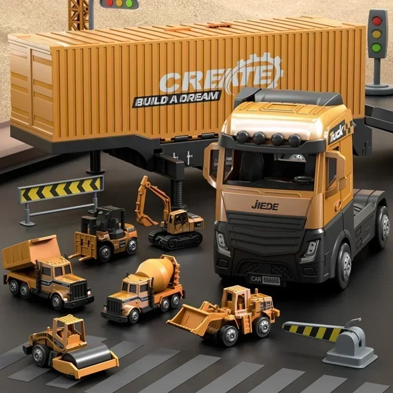 

Alloy Container Truck Model with Mini Car Kids Engineering Vehicle Excavator Crane Truck Set Storage Car Children Boys Gift