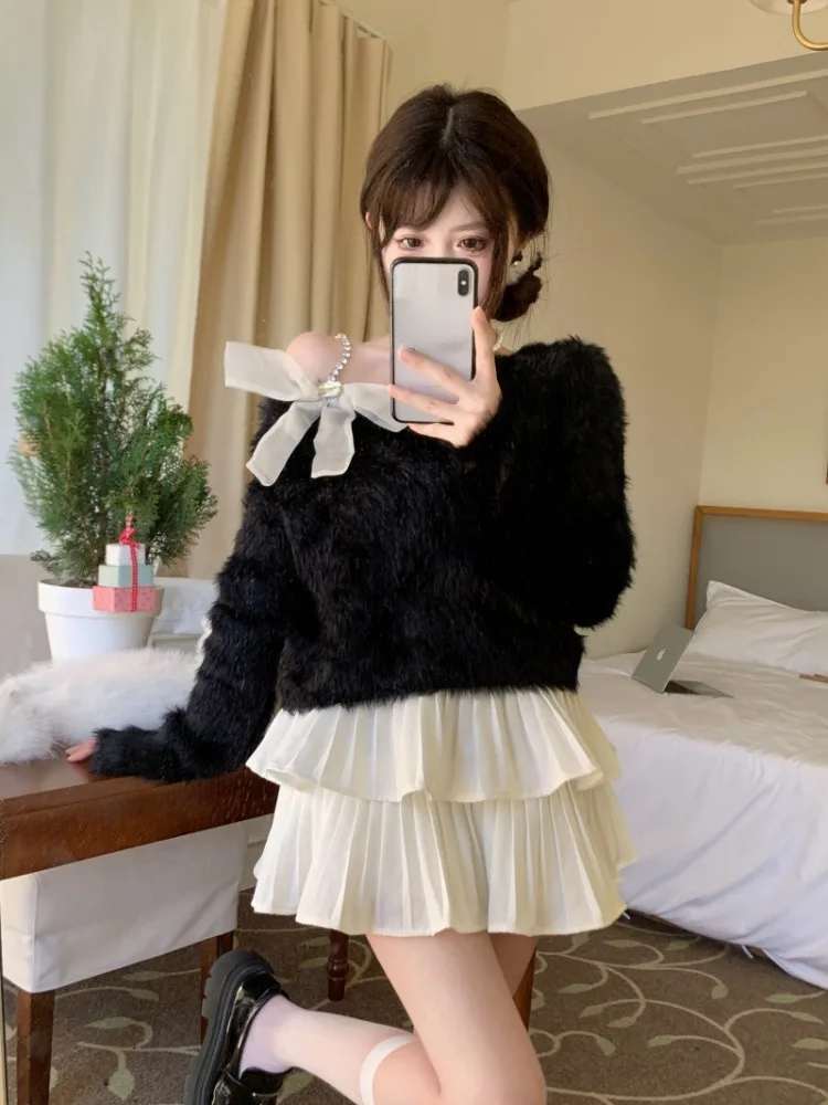 Ezgaga Knitted Crop Tops Women Vintage Bow Slash Neck Off Shoulder Sweater Vintage Ins Fashion Female Sexy Pullover Sweet