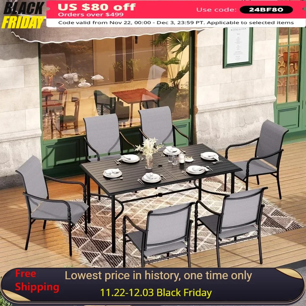 

Outdoor Dining Set,67" Rectangle Metal Table with Elegant Armrest Chairs for Garden Backyard ,Outdoor Dining Set 7 Pieces