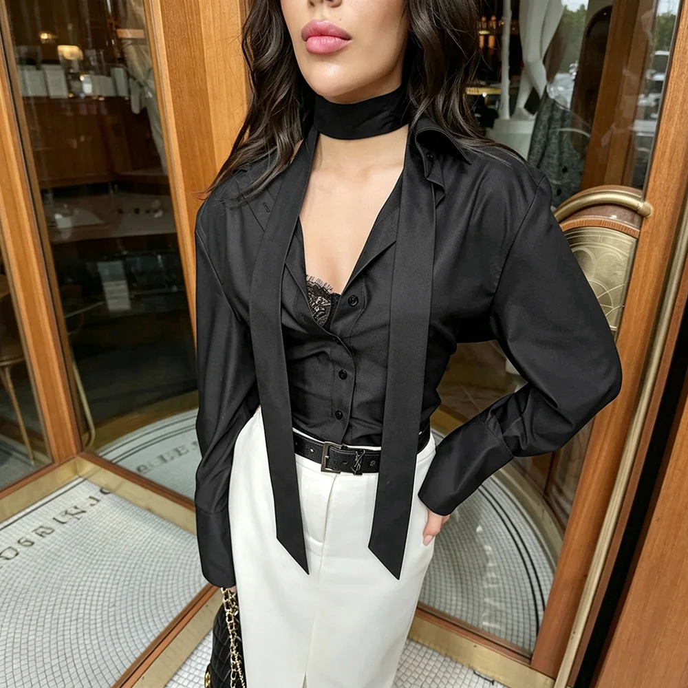 B 2026 Bornladies New Autumn Tie Belted Deep V Shirt Women's Detachable Neck Floating Ribbon Cardigan Top Commuting Slim Blouse
