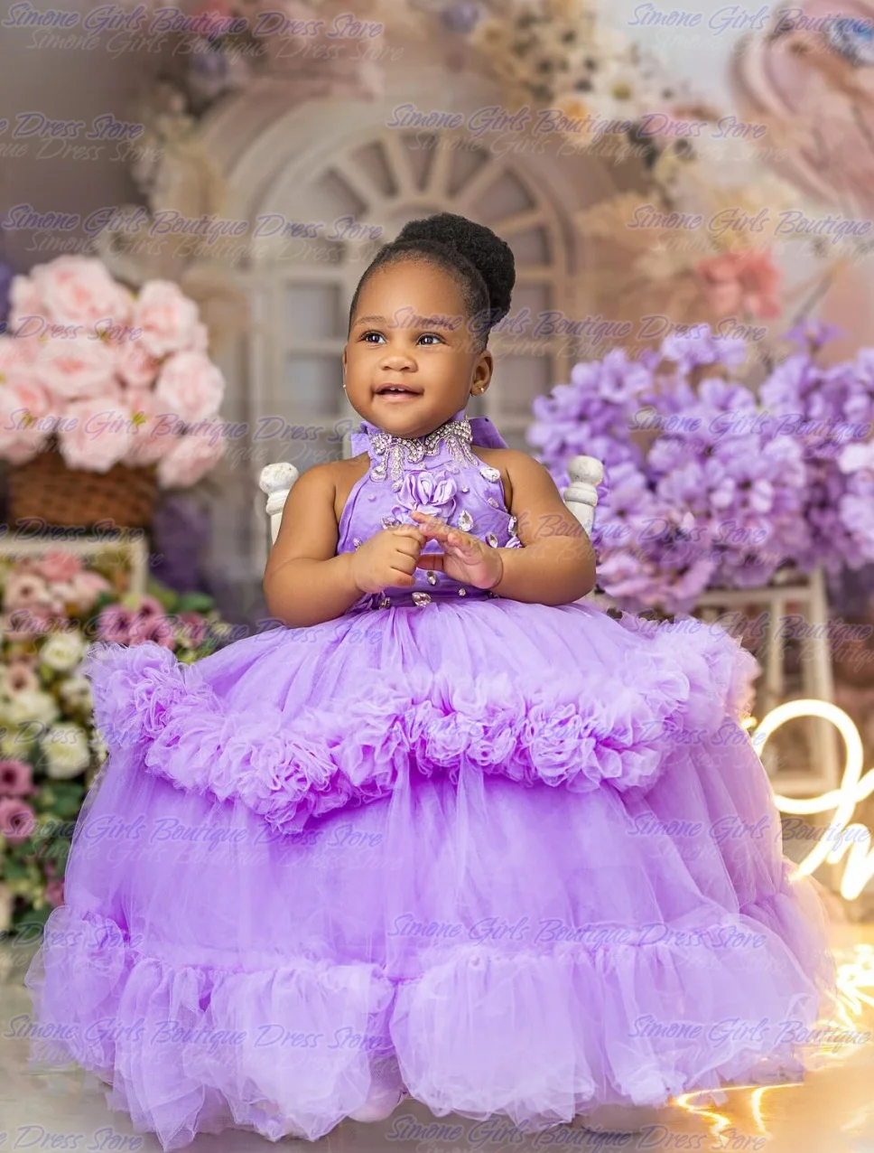

2025 Diamond decoration High-neck puff skirt Flower Girl Dress for Dance Performances Holiday Celebrations Birthday party