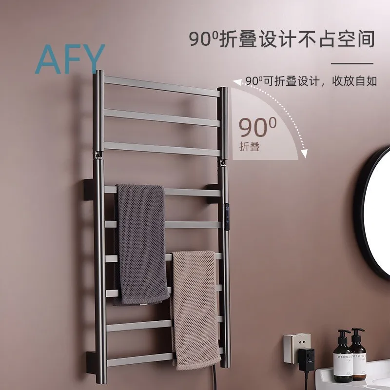 Gunmetal Gray Foldable Electric Heated Towel Rack for Bathroom Storage Towel Warmer with Thermostatic Heating and Wall Mount