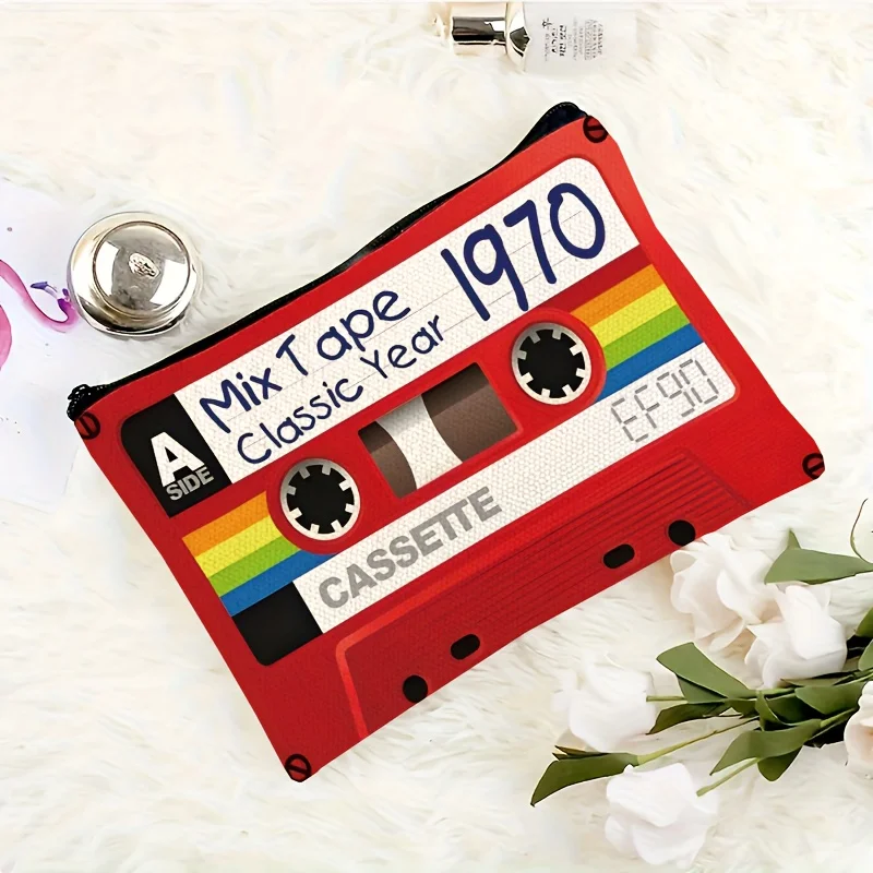 حقيبة مكياج بشريط كاسيت عتيق - منظم سفر قابل للطي مع سحاب وحقيبة مستحضرات تجميل لمحبي الموسيقى