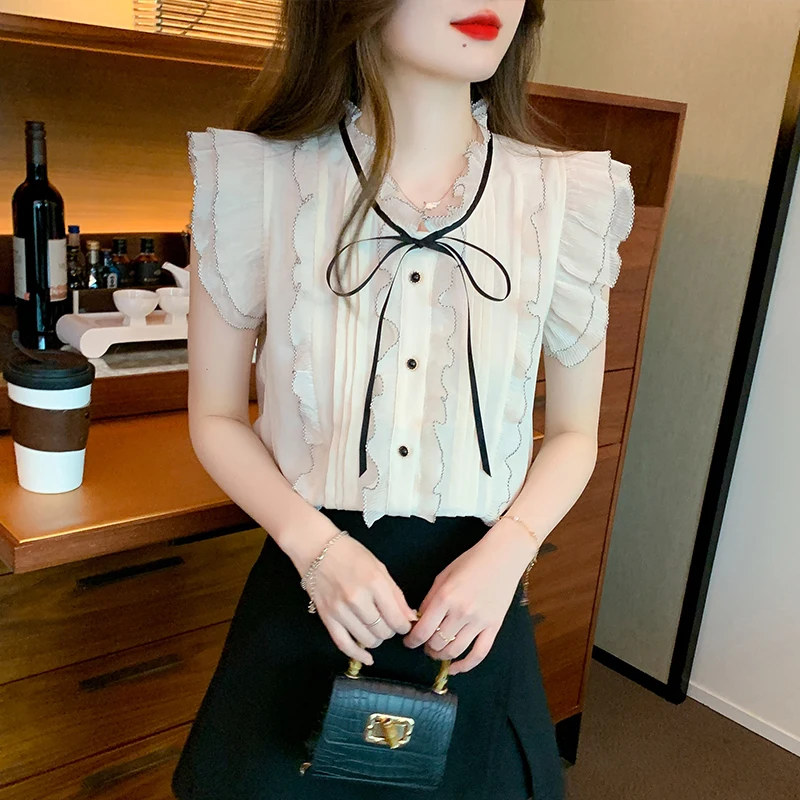 

Fashion Summer Short Sleeve Ruffled Women Shirt Casual Chiffon Shirt Blouse Women Tops Blusas Mujer De Moda 2024 Verano J747