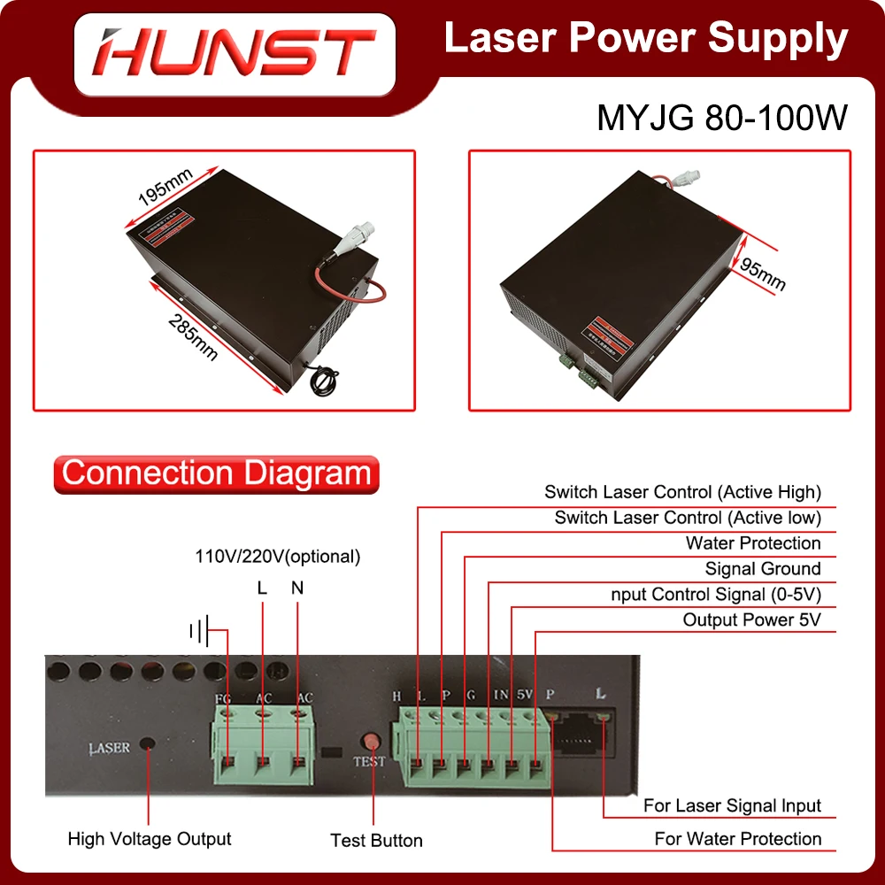 Imagem -06 - Hunst Co2 Laser Power Supply Myjg100w For 80w-100w Laser Cutting And Engraving Machine