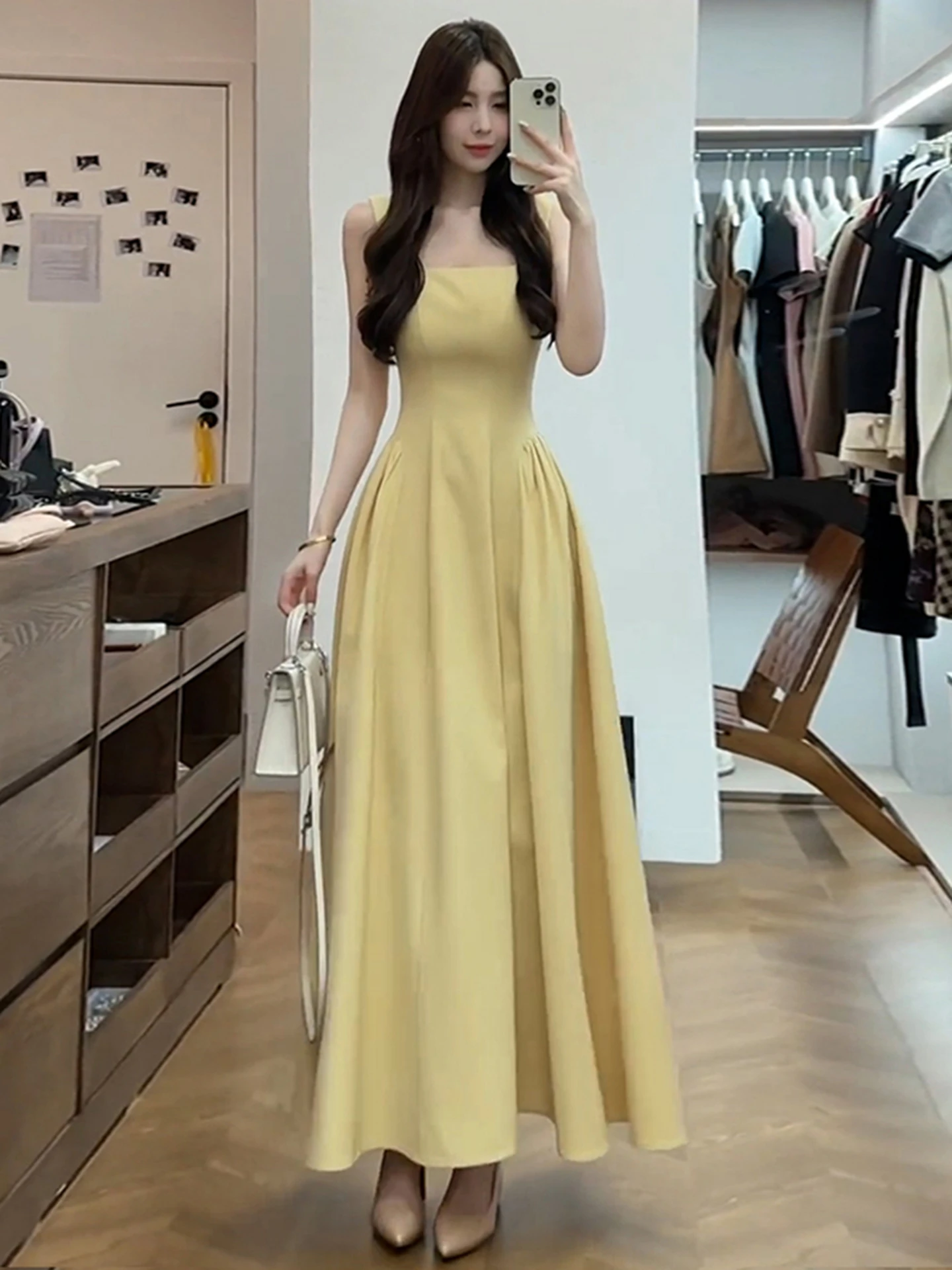 

Early Spring Yellow Square Collar Strapless Dress Women's Style Slimming Waist Long Skirt Sweet Japanese Style Polyester Fiber