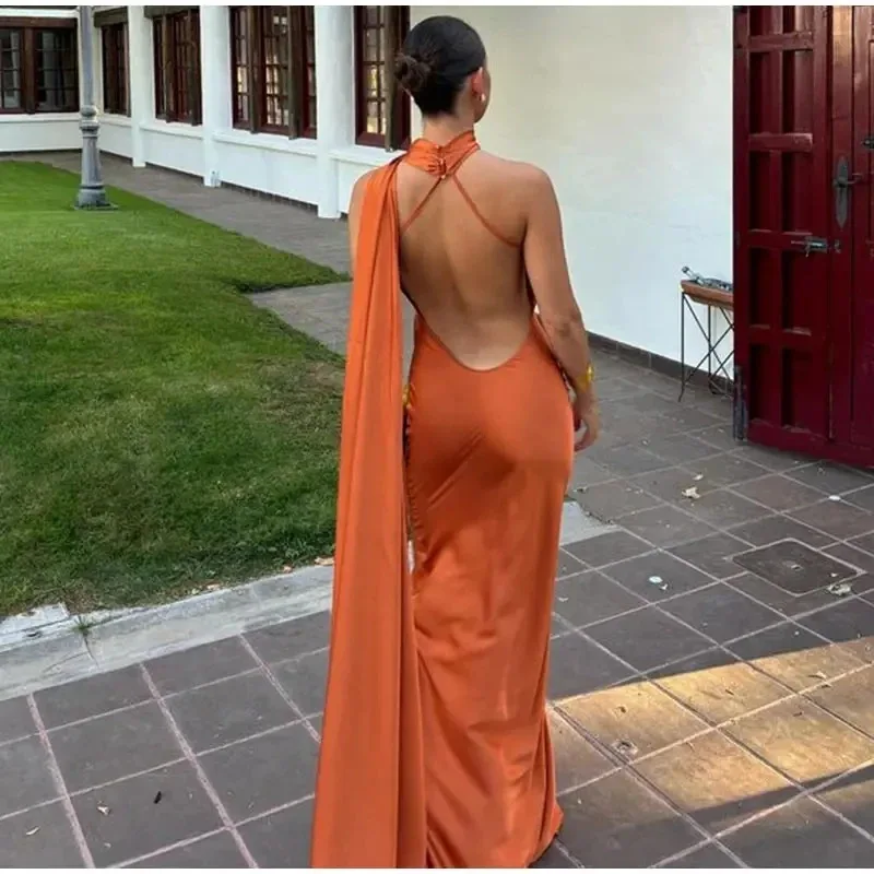 Women's European American Style Elegant Midi Dress - Mature Lady Backless Halter Maxi Dress with Sash, Formal Party Long Dress