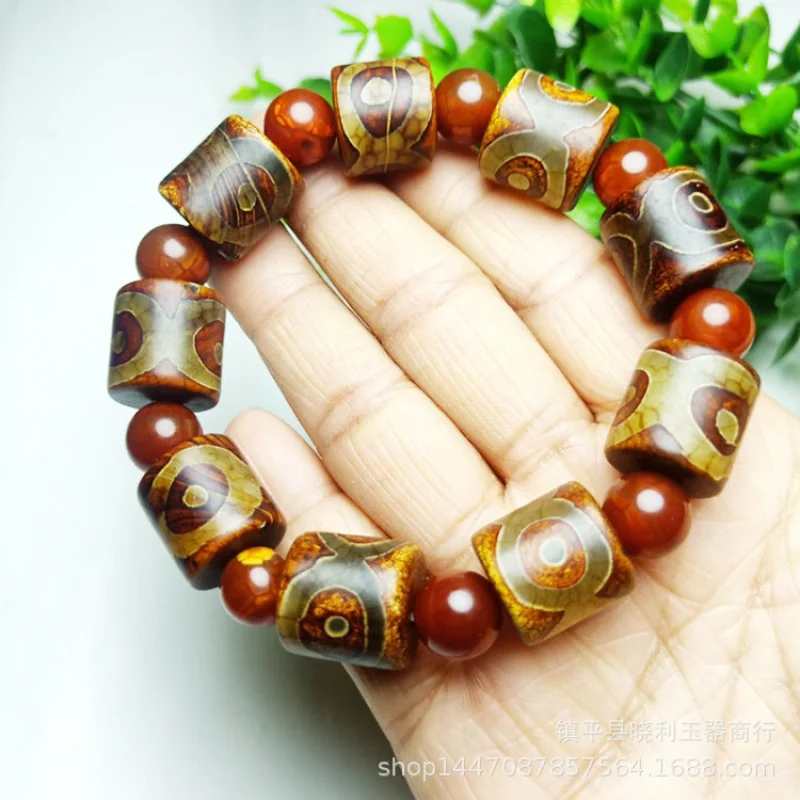 Tibet Old Nine Three Eyes Sky Red Agate Drum Beads Orange Bracelet