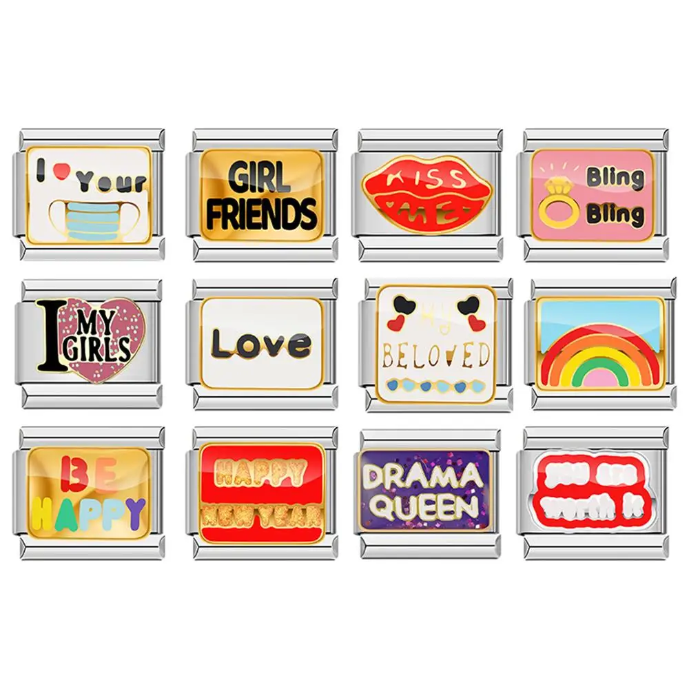 Fashionable Colorful Heart Letter Rainbow Charm Link Suitable for 9mm Stainless Steel Neutral Bracelet Making DIY Jewelry