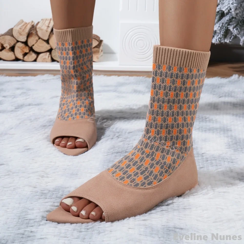 

Mixed Colors Peep Toe Sock Boots Women Flat with Slip On Casual Stretch Boots 2024 Autumn Winter Fashion Mid Calf Boots