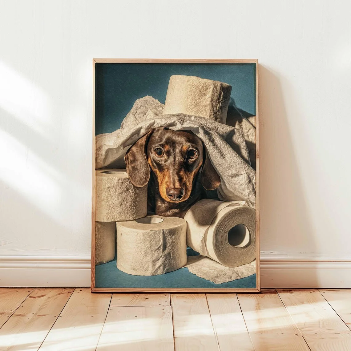 Hilarious Toilet Paper Dachshund Wall Art - Whimsical Print Celebrating Canine Mischief. The Muted Teal Backdrop and Expressive