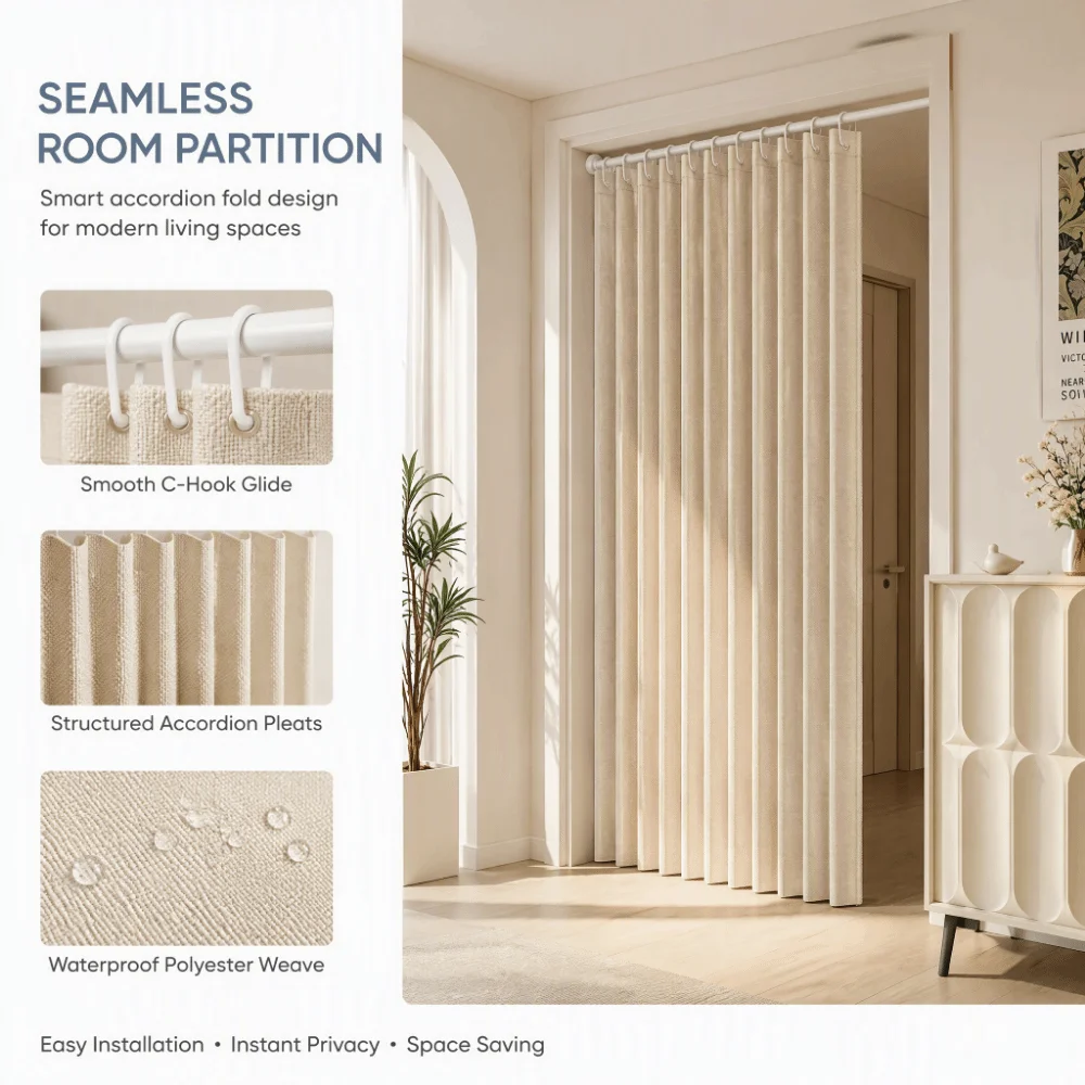 Waterproof Folding Door Curtain Soft Drape Thick Room Divider Curtain Nordic Style with Hooks Bath Curtain Bedroom