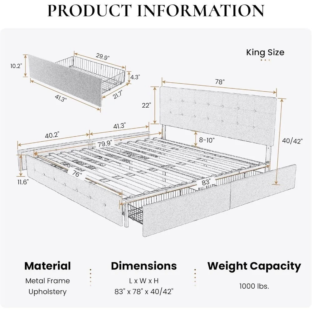 Soft Padded Extra Large Platform Bed Frame with Adjustable Headboard and 4 Under Bed Storage Drawers, Button Tufted Design