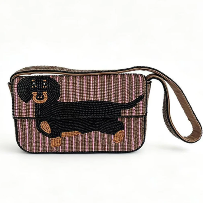 Beaded Embroidered Cartoon Dachshund Dog Shoulder Bag,Vintage Cute Handbag,Retro Lightweight Casual Purse,Gift For Dog Lovers
