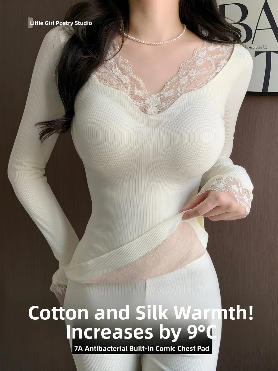 

Warm Fleece Lined Silk Camisole And Pants Set with Chest Pad V-Neck Lace Underwear for Women Youth Long Sleeve Long Pants