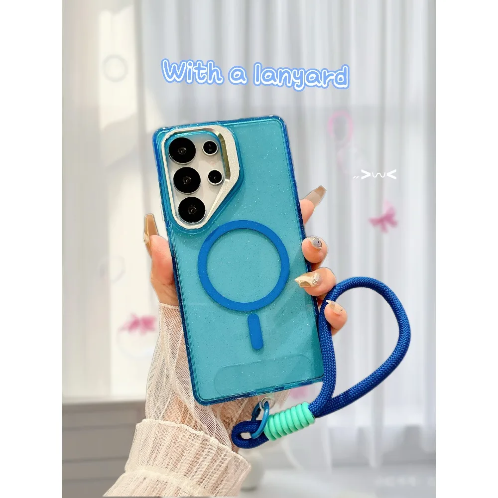 Luxe Magnetische "Glitter" Stand Shockproof Clear Case Voor Samsung Galaxy S25 S24 S23 S22Ultra Plus S24FE PC + TPU Magnetische Cover