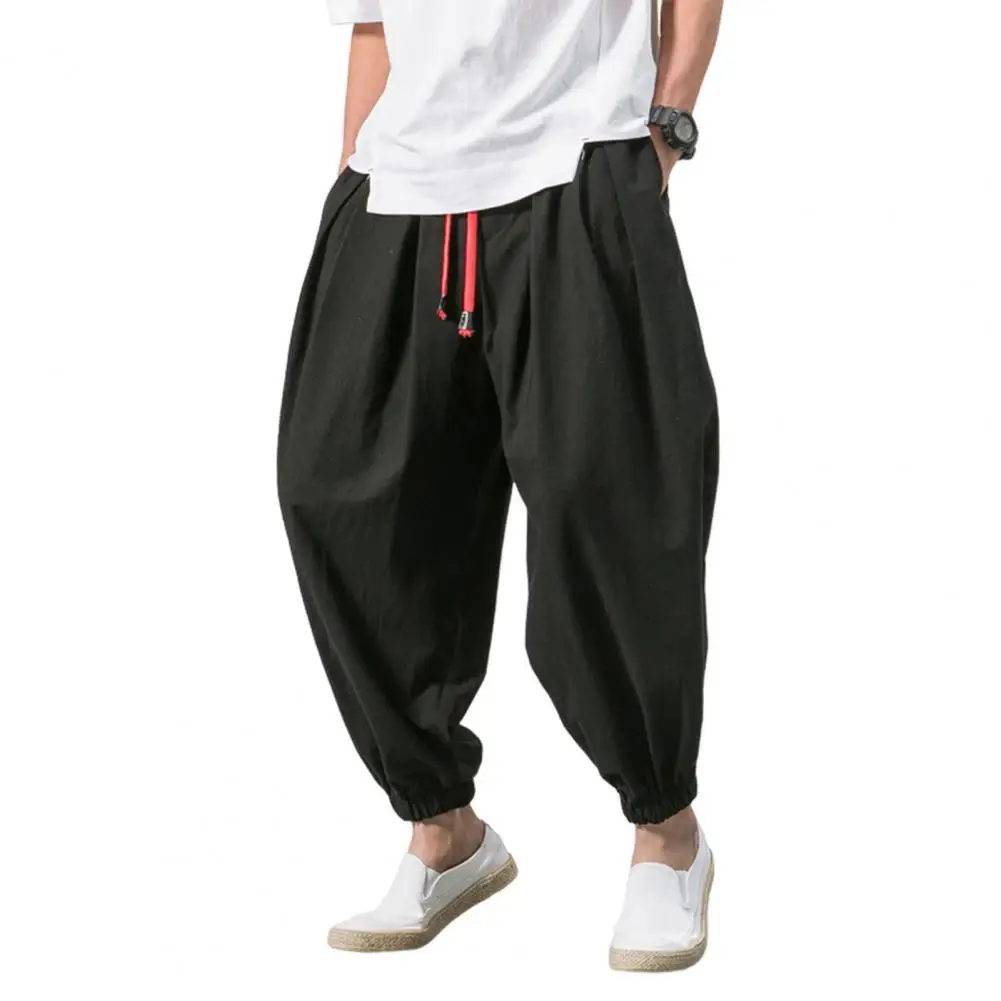 

Men Harem Pants Elastic Drawstring Waistband Long Pants Chinese Style Side Pockets Retro Bloomers Streetwear