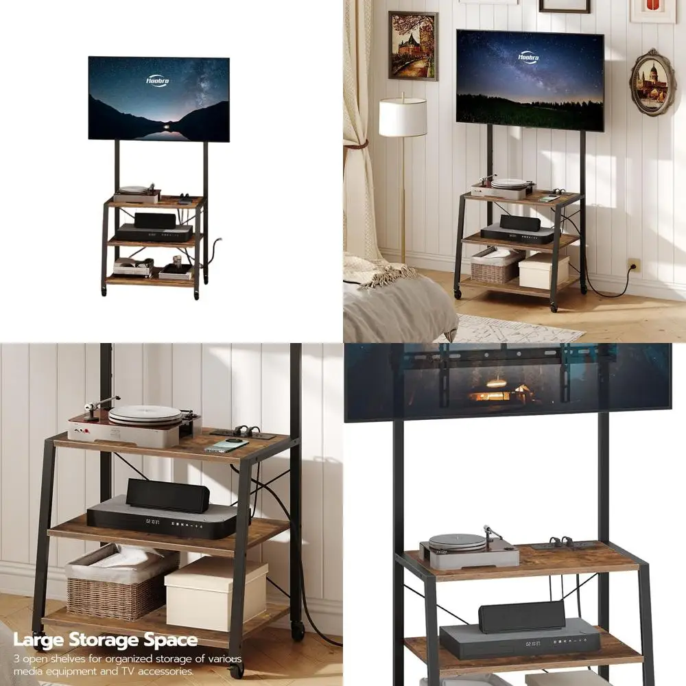 

55 TV Rolling Stand with Mount, Corner Entertainment Center, 3-Tier Storage Shelves, Rustic Brown and Black