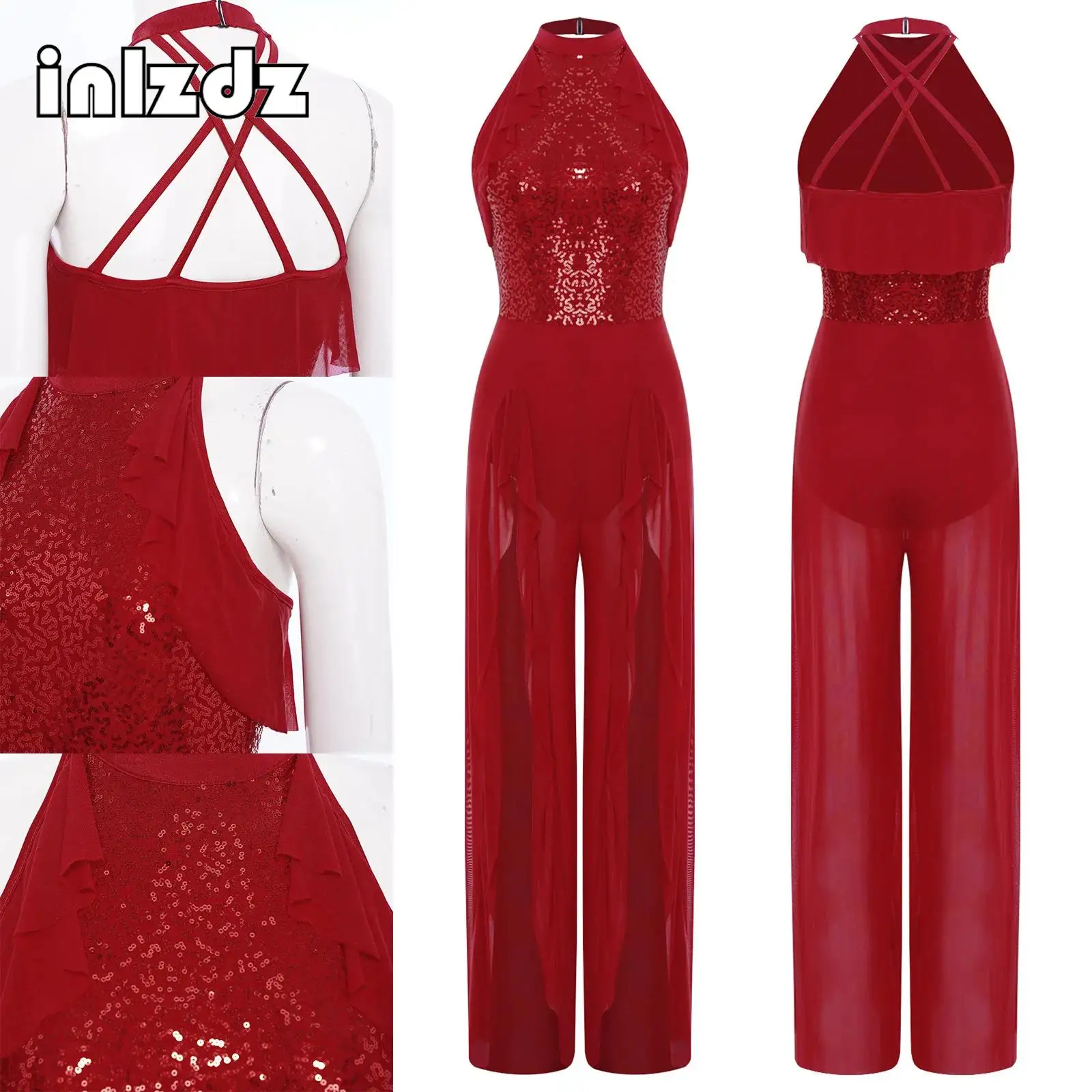 

Women's Lyrical Dance Costumes Halter Sleeveless Mesh Tulle Flowy Side Slit Long Pants Jumpsuit for Morden Contemporary Dance