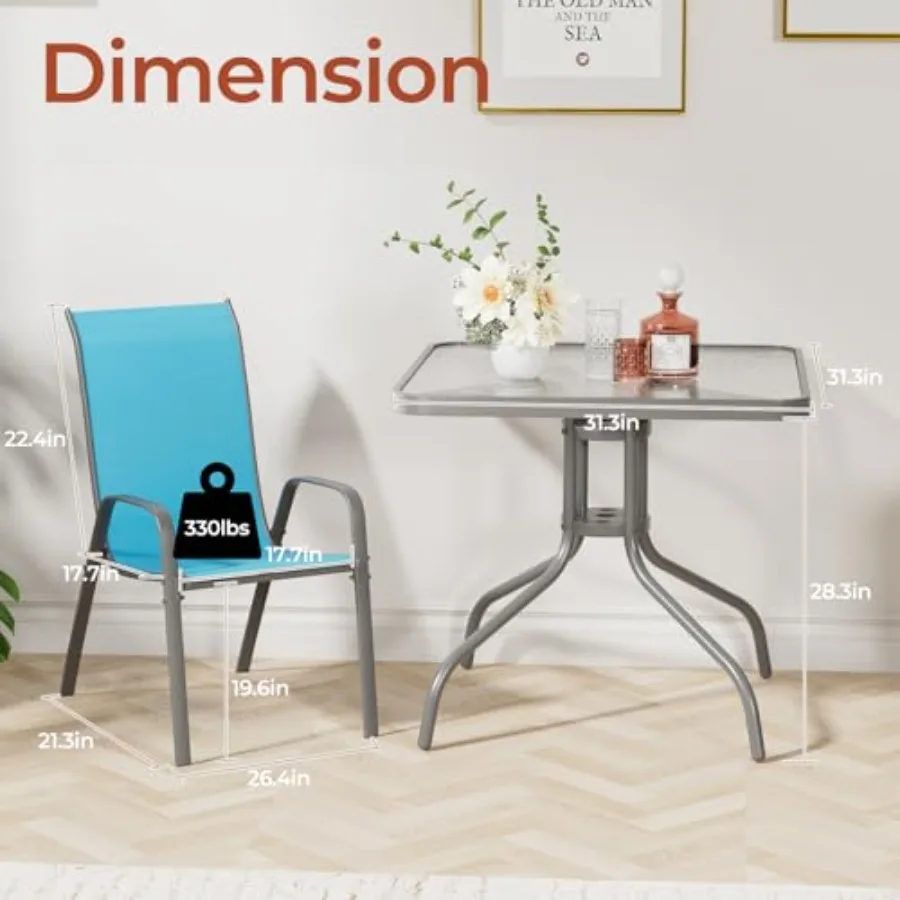 Patio dining set for 4: tempered glass table and Textilene chairs in gray, weather-resistant and stackable
