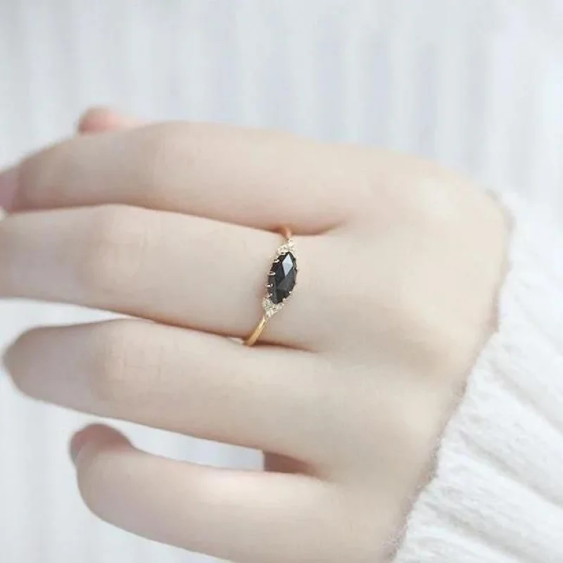 Marquise Cut Black Onyx Dainty Thin Band Ring Side Cluster Clear CZ Gold Plated Prong Jewelry For Women