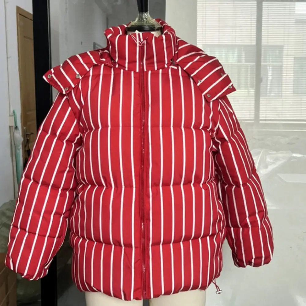 Winter Fashion Women Puffer Jacket Striped Stand Collar Thickened Warm Coat Detachable Sleeve Short Cotton Parka