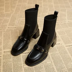 Women Elastic Sock Boots New Autumn Winter Square Toe Ankle Boots Women Fashion Slip on High Heels Short Boots Botas Mujer