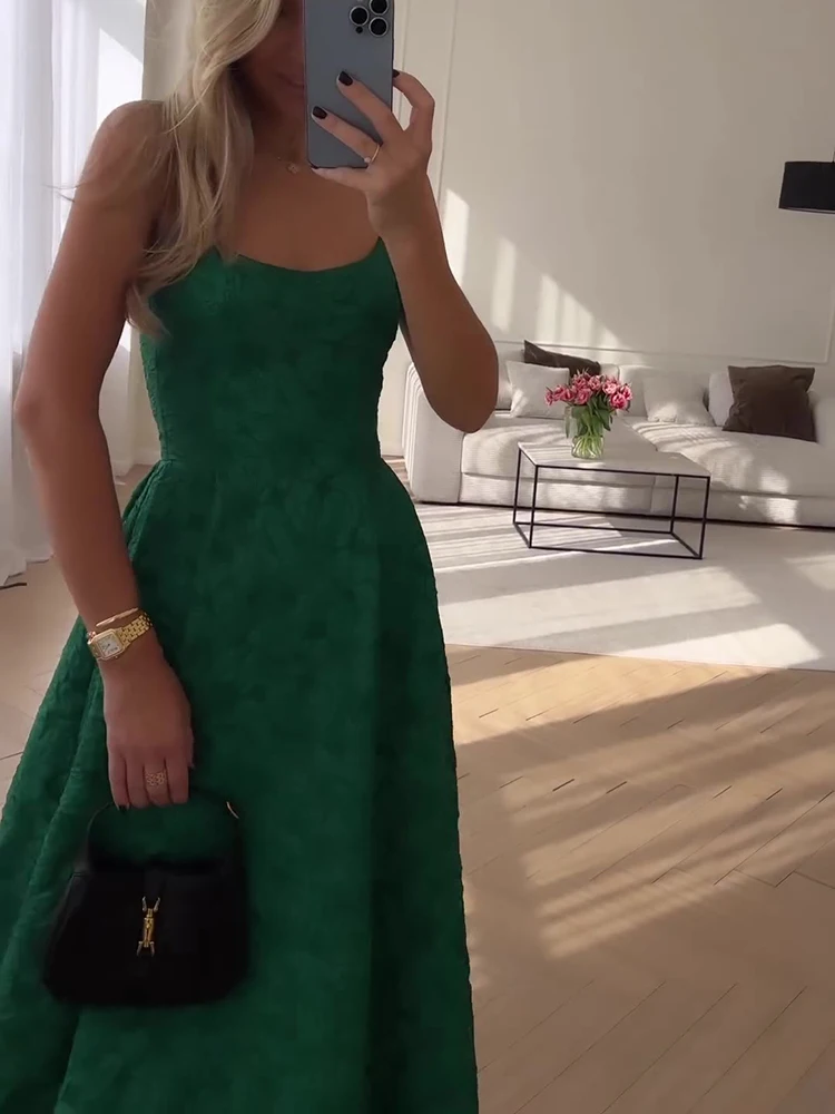 Elegant Green Big Swing Strap Dresses Spring Women Wrinkled Sleeveless Loose Dress Summer High Waist Knee Length Camisole Dress