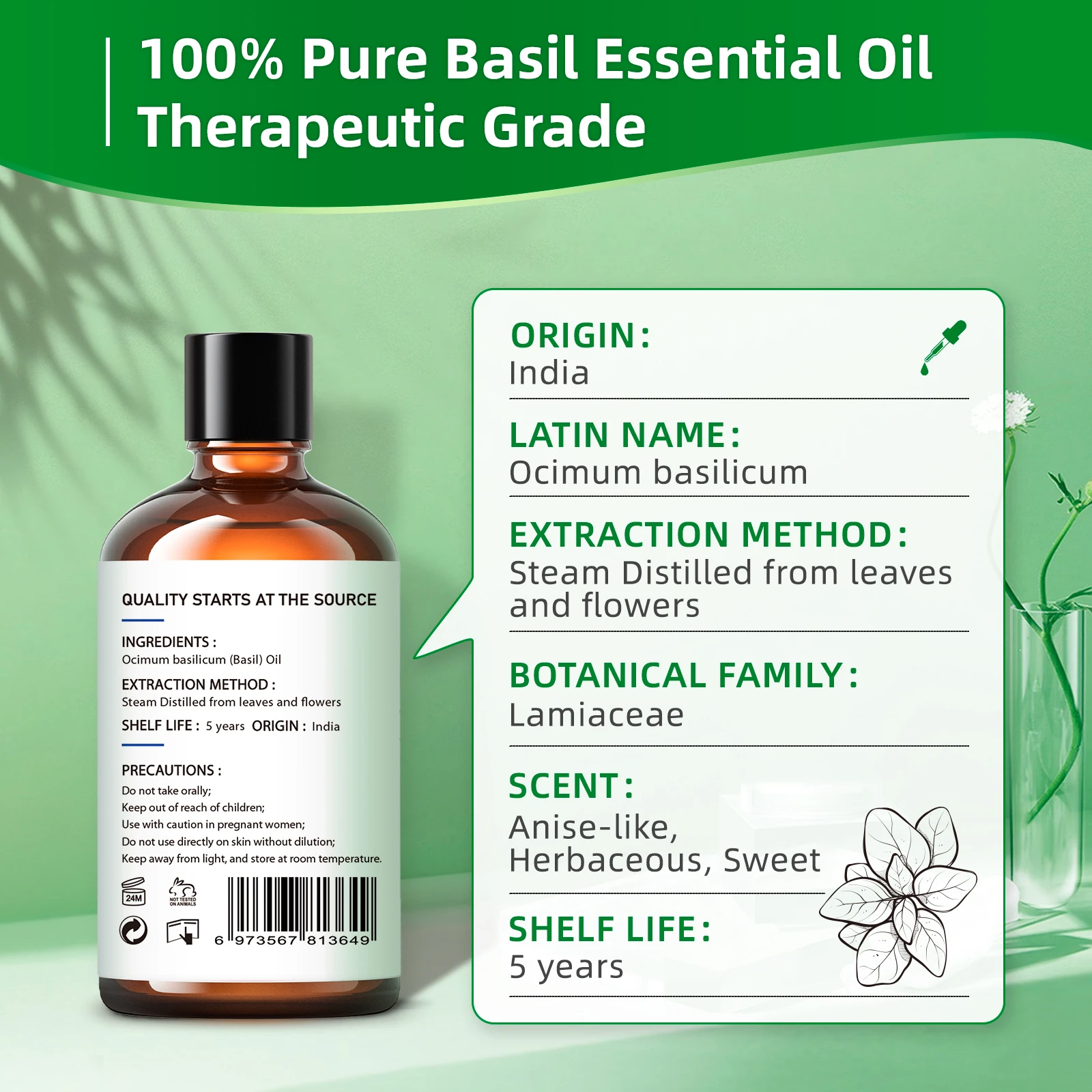 HIQILI 100ML minyak esensial Basil, 100% alam murni untuk Aromaterapi, Diffuser, pelembap, pijat, energi, perbaikan tidur