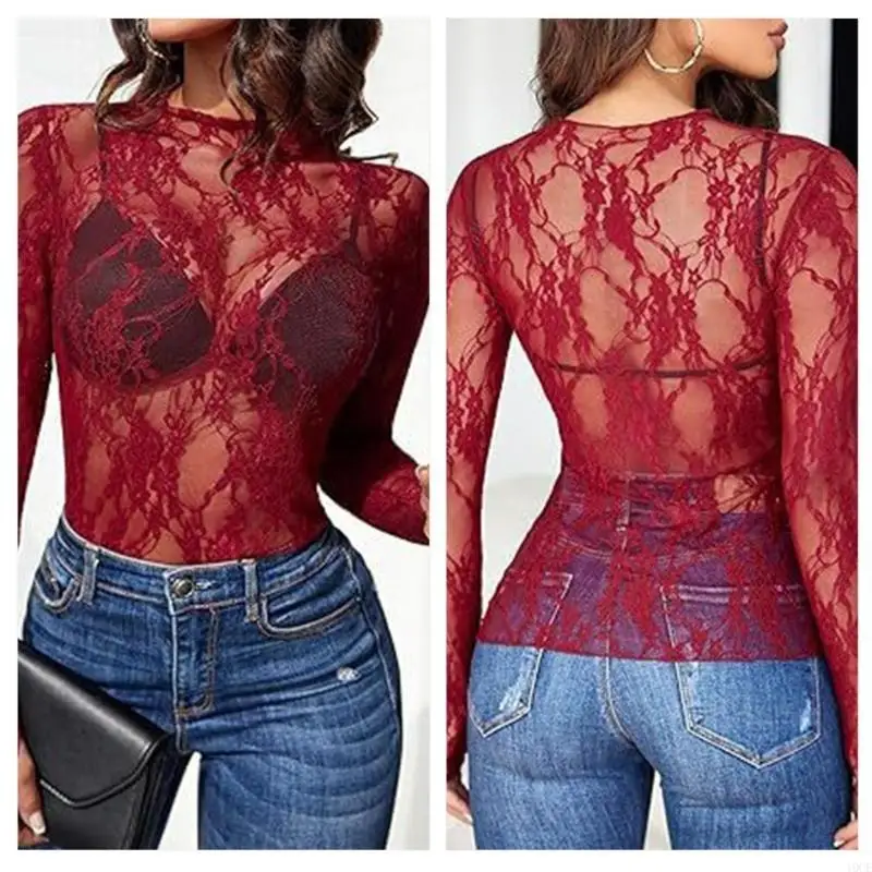 Sheer Mesh Fit Blouse for Women Long Sleeve Mock Neck T-Shirt See Through Flower Lace Ruffle Pullover Top Coverup