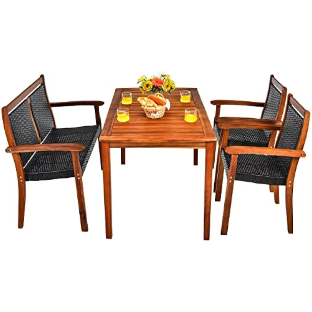 

4 Piece Patio Dining Set Outdoor PE Rattan Space-Saving Dining Table Set with Umbrella Hole, Patio Armchairs and Acacia Wood Ta
