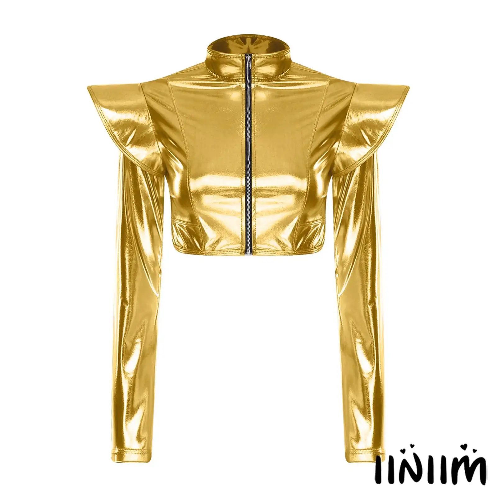 

Womens Metallic Rock Disco Dance Clubwear Top with Shoulder Accents And Sheen Finish Versatile Crop Jacket for Club Raves Party