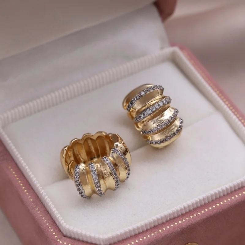 Korean new design fashion jewelry two-color plated metal wavy zircon hoop earrings elegant women's daily work accessories