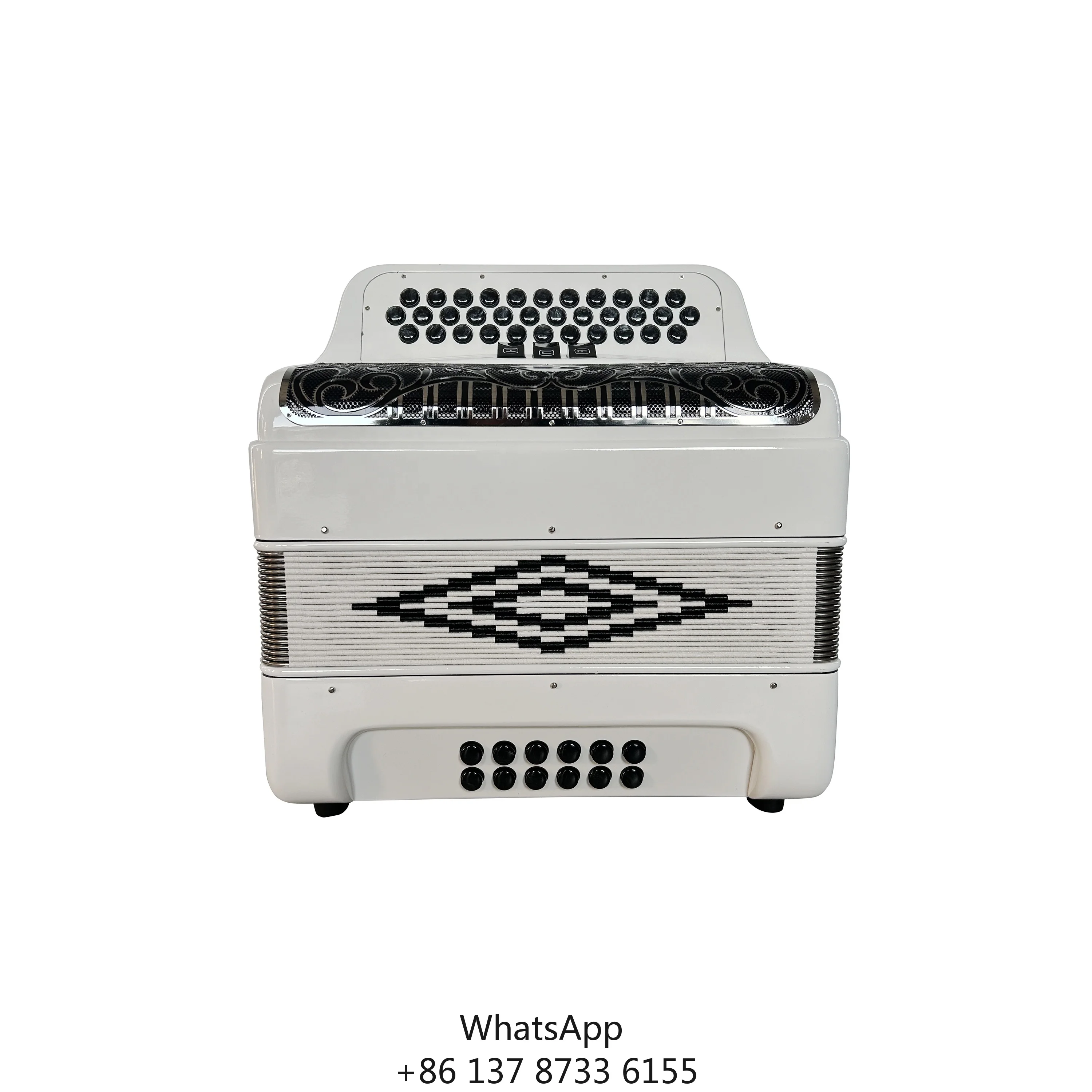 JB3412C Professional Acordeon Accordion Instrument 34 Buttons 12 Bass 3 Registers Bright White Black Silver Grill Buttons