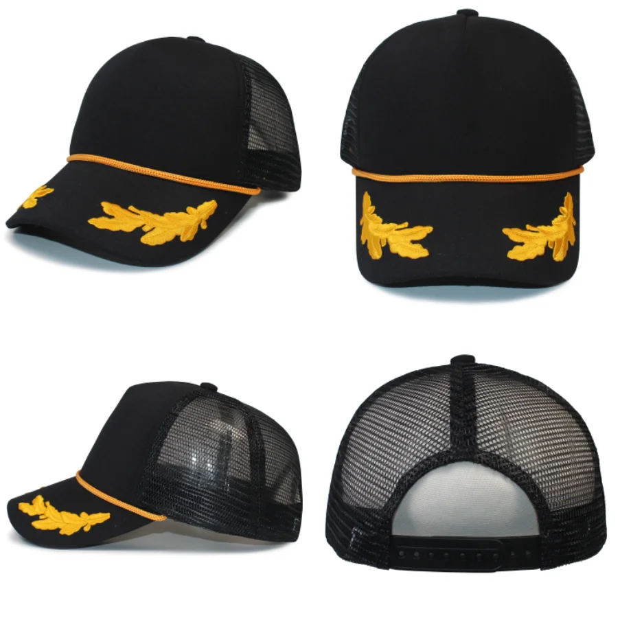 Oak Leaves Mesh Cap-Black Gold Polyester Foam Front  5 Panel Mesh Back Trucker Hat