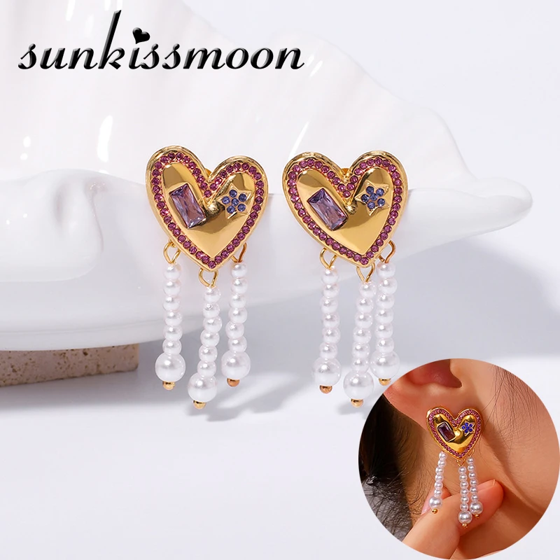 

Fashion Earrings For Women Heart Star Cubic Zirconia Earrings With Imitation Pearl Tassel Stainless Steel Holiday Jewelry Gift