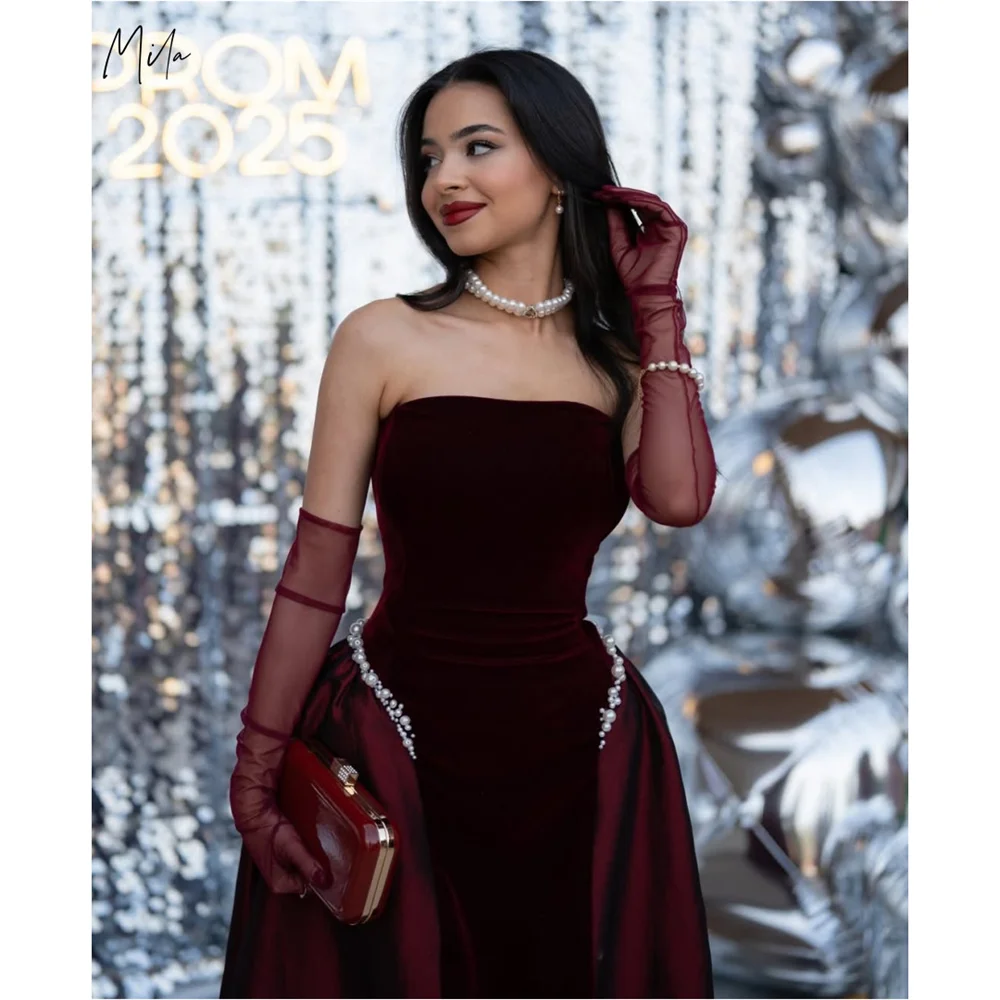 ミラ バーガンディ ベルベット プロムドレス パール ストラップレス カスタマイズされたフォーマルイブニング グローブ付き フロアレングス ベスティドス デ フィエスタ 2025