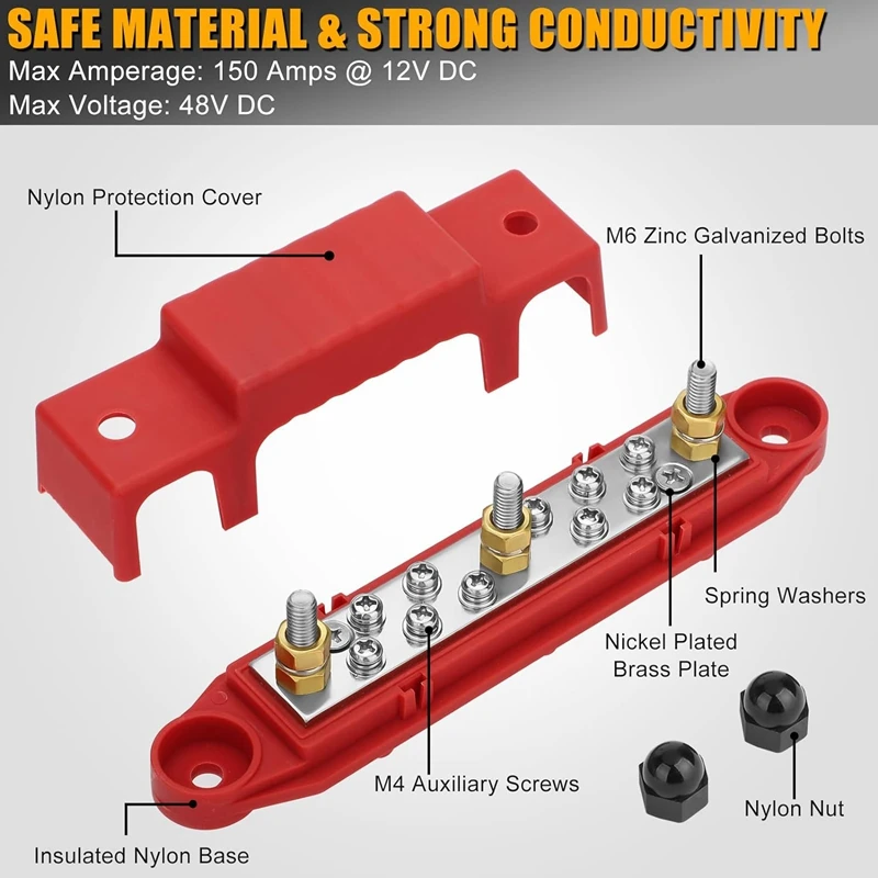 2Pcs Bus Bar,12V Power Distribution Block, 10X 5/32Inch (M4) Terminal Screw Battery Bus Bar