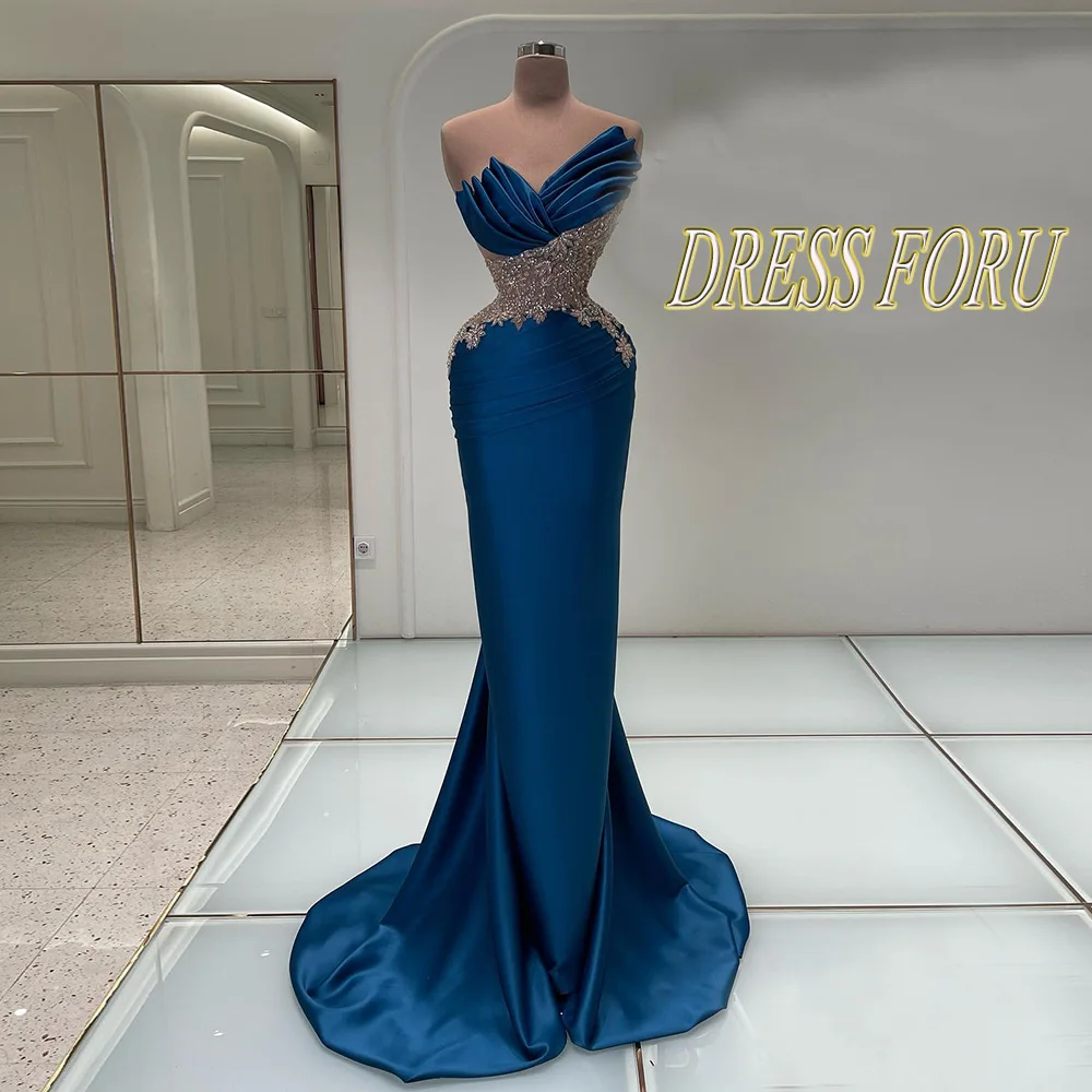 

Sexy Blue Satin Prom Dress Floor Lengh Applique Lace Pleat Evening Party Gown Celebrity Wear Custom Size Vestido De Fiesta 2023