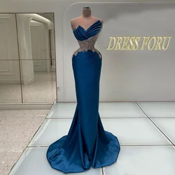 Sexy Blue Satin Prom Dress Floor Length Applique Lace Pleat Evening Party Gown Celebrity Wear Custom Size Vestido De Fiesta