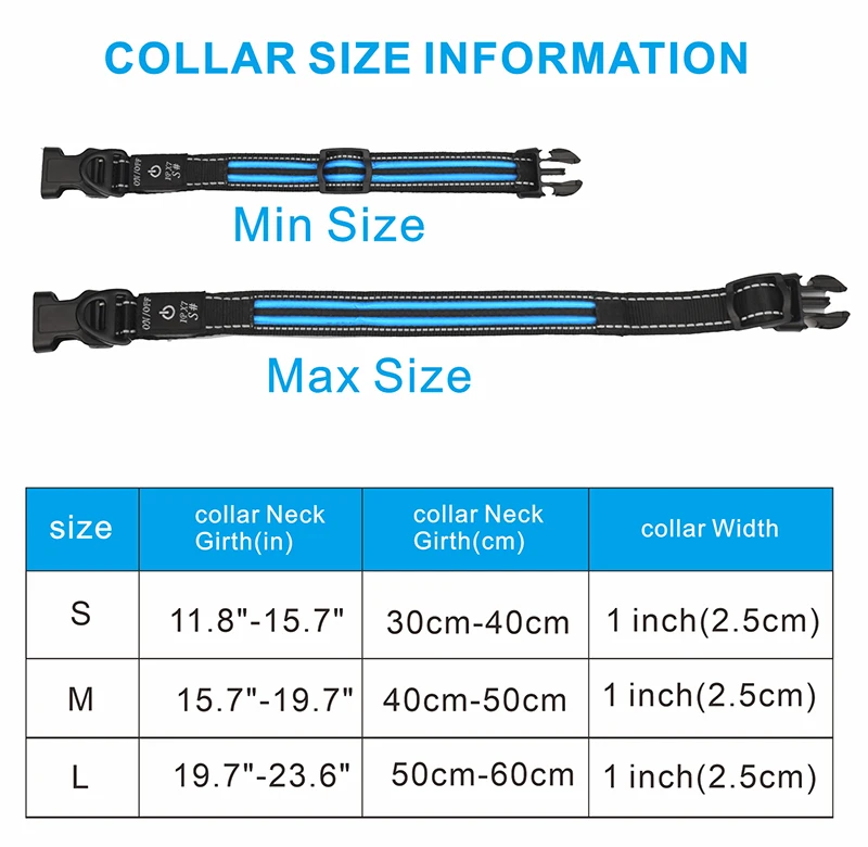 충전식 LED 개 목걸이, 방수 나일론 USB-C, 야광 개 목걸이, 3 가지 색상, 6 가지 모드, 개용 애완 동물 목걸이